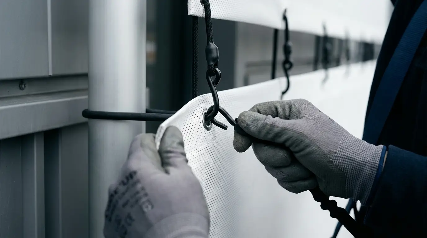 Gros plan sur les fixations et sandows d un habillage façade événementiel en hauteur