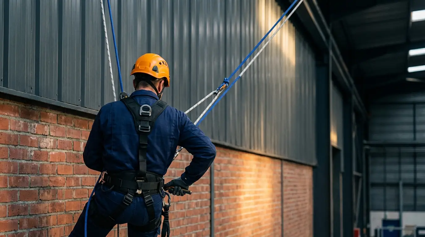 Societe installation securite en hauteur avec technicien suspendu sur double corde de travail en usine
