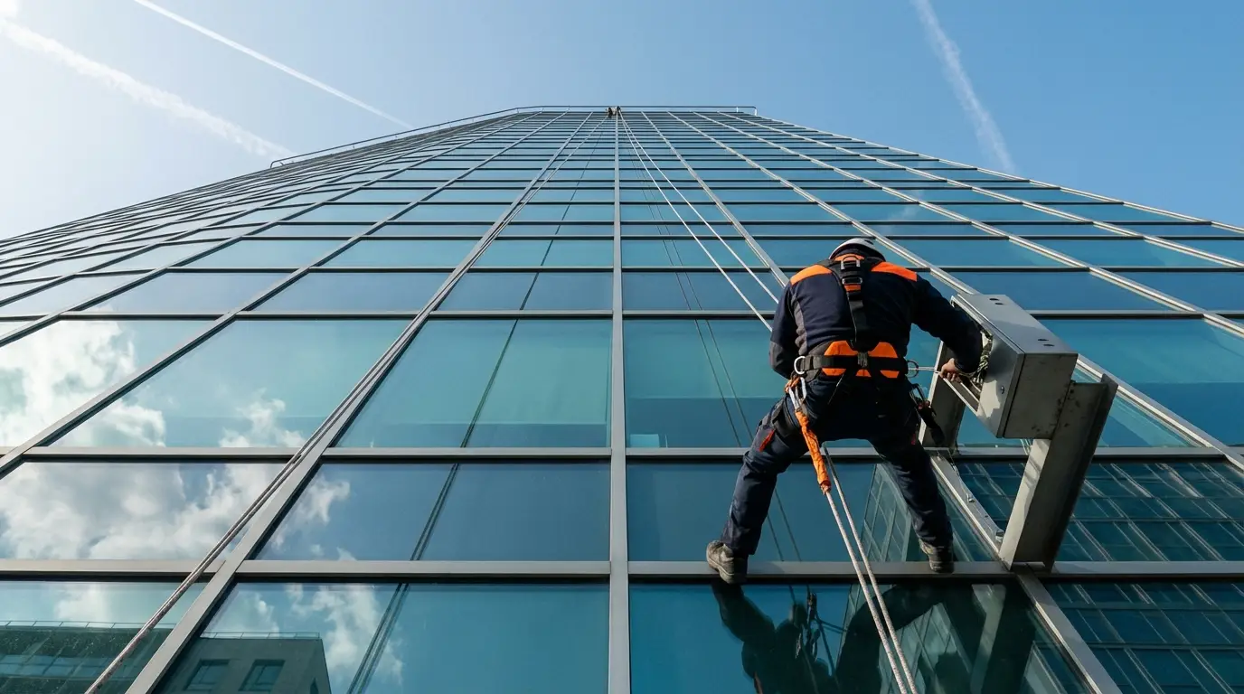 Silhouette d un expert en travaux d acces difficile verifiant des equipements de telecommunication
