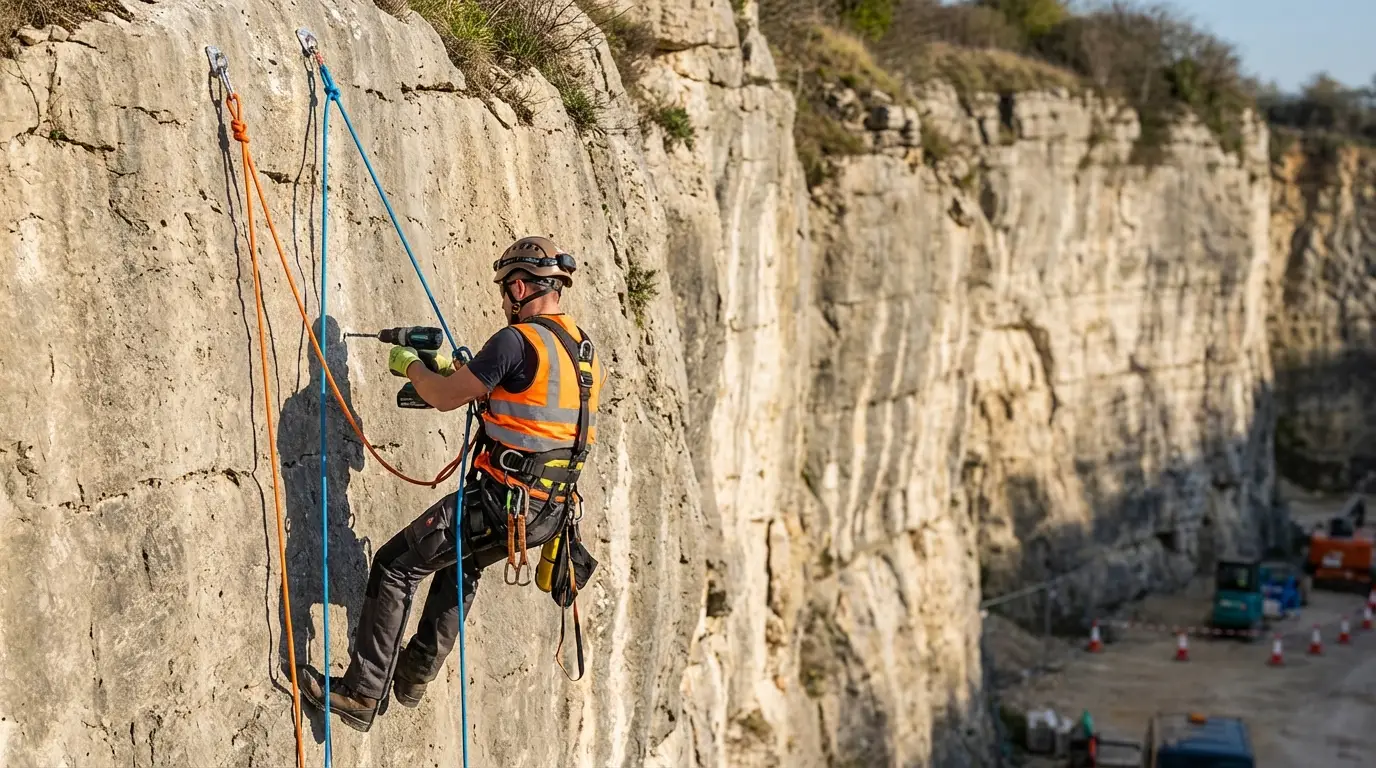 Silhouette d'un cordiste suspendu par deux cordes distinctes lors d'une purge de paroi.