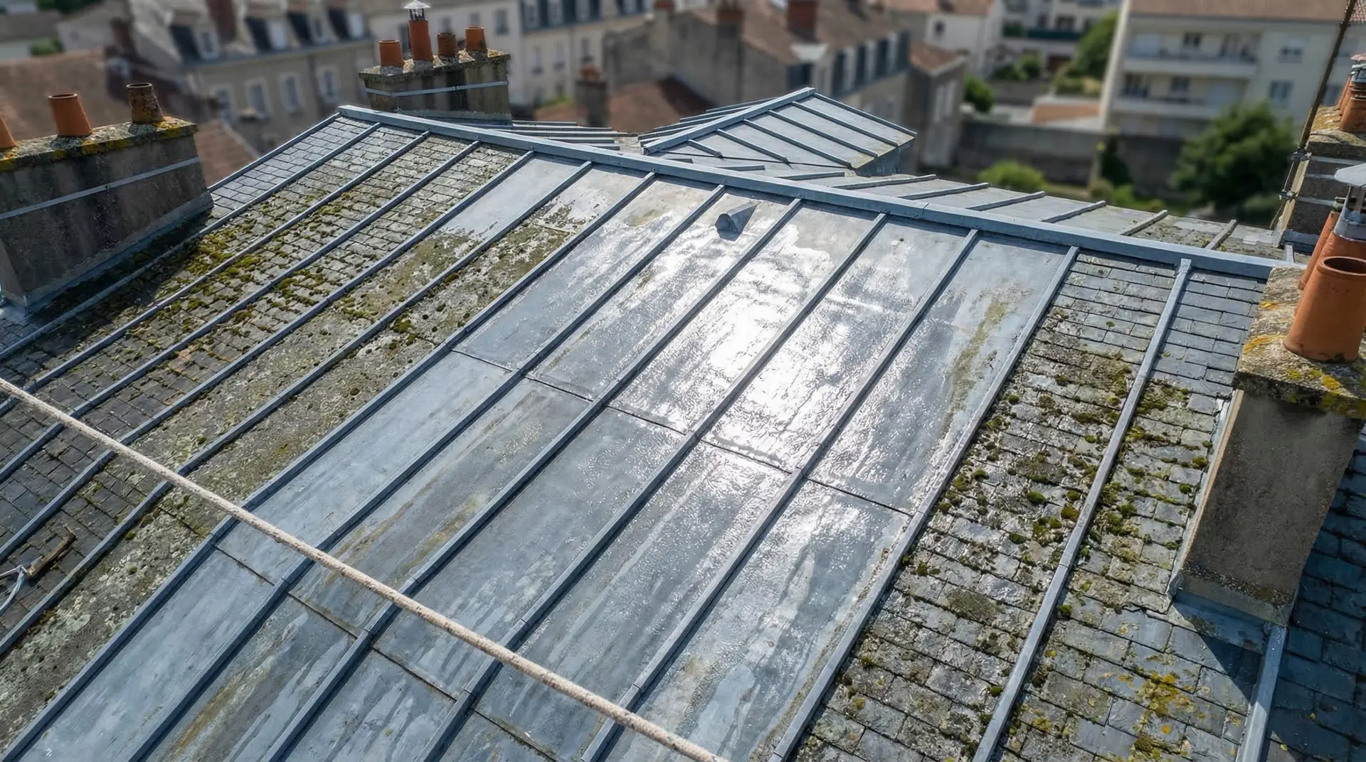 Vue de haut d'un toit en zinc parisien ou urbain pendant l'application d'un traitement hydrofuge