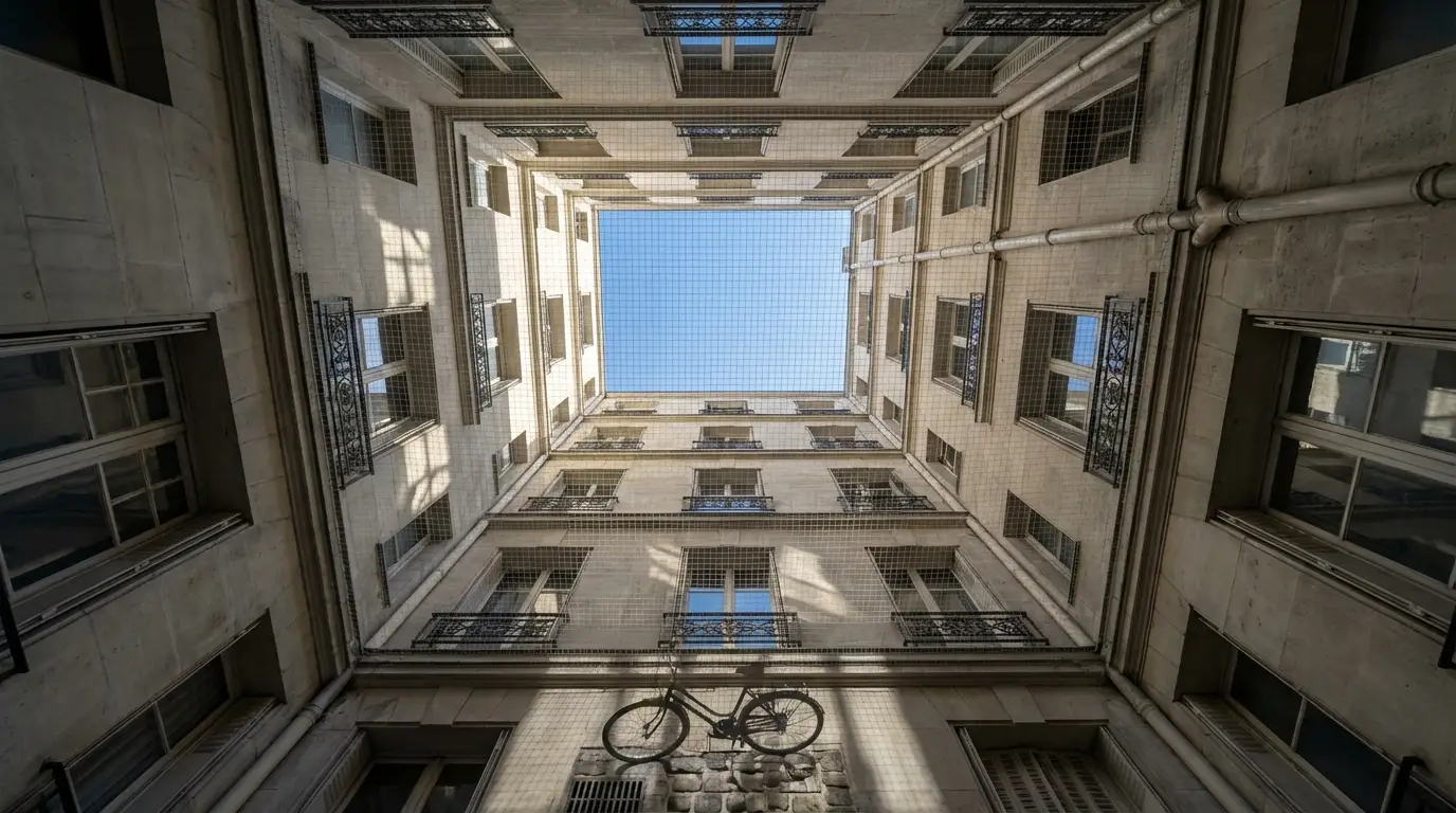 Vue en contre-plongée d'un filet de sécurité bâtiment déployé dans une cour intérieure urbaine