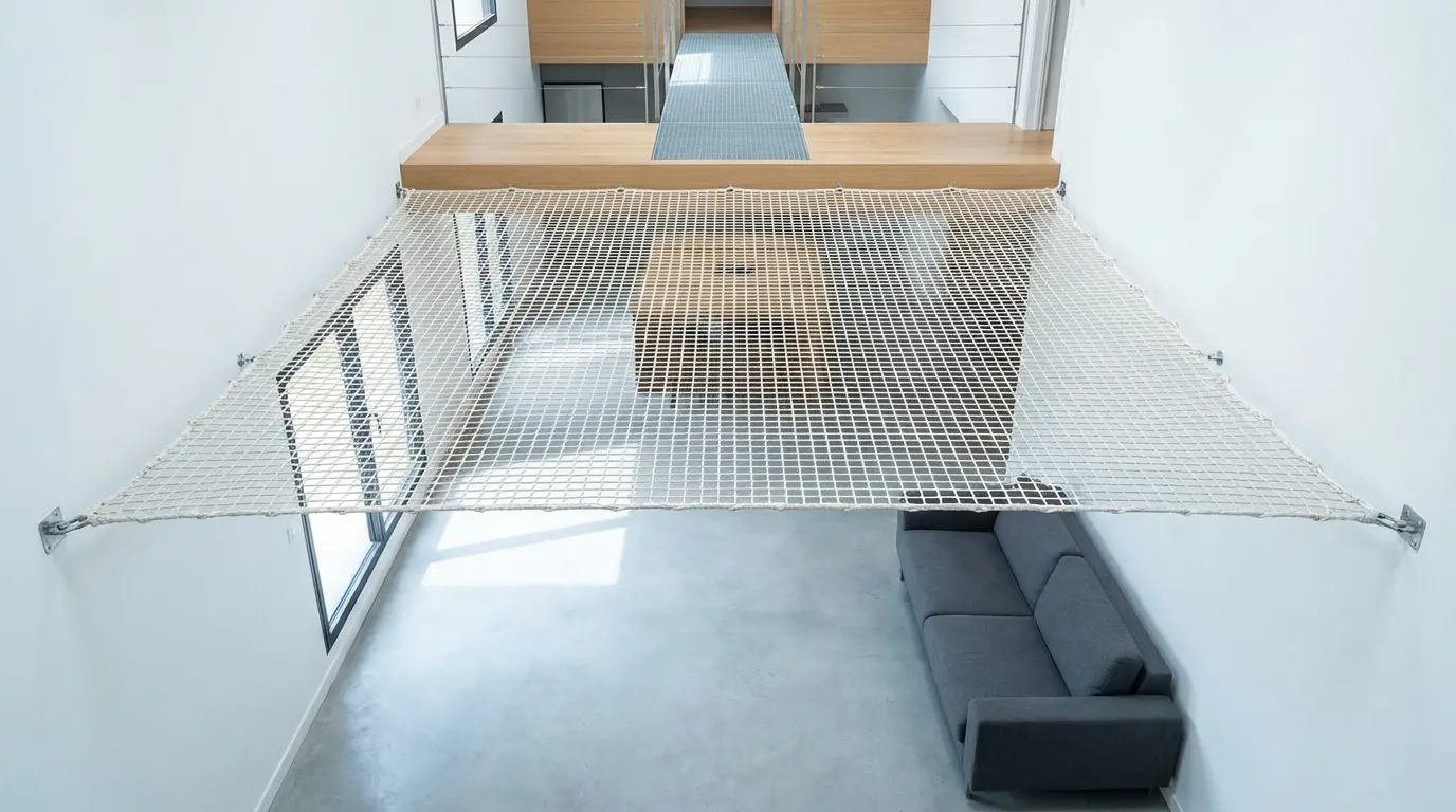 Aménagement intérieur avec un grand filet suspendu au-dessus du salon