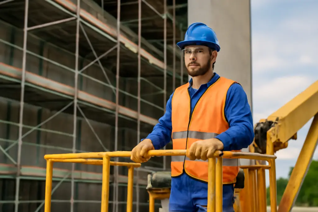 Homme avec casque et gilet de sécurité sur une plateforme de travail en hauteur devant un échafaudage