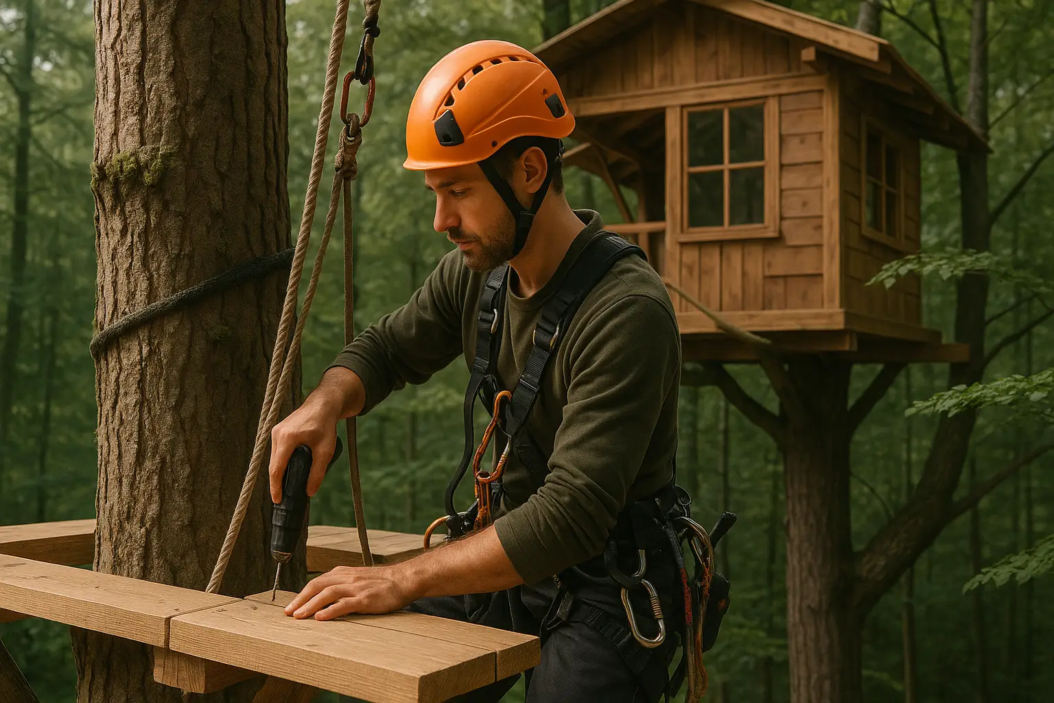 Cordiste cabanes en hauteur, technicien avec harnais et casque orange assemblant plateforme en bois pour cabane dans les arbres
