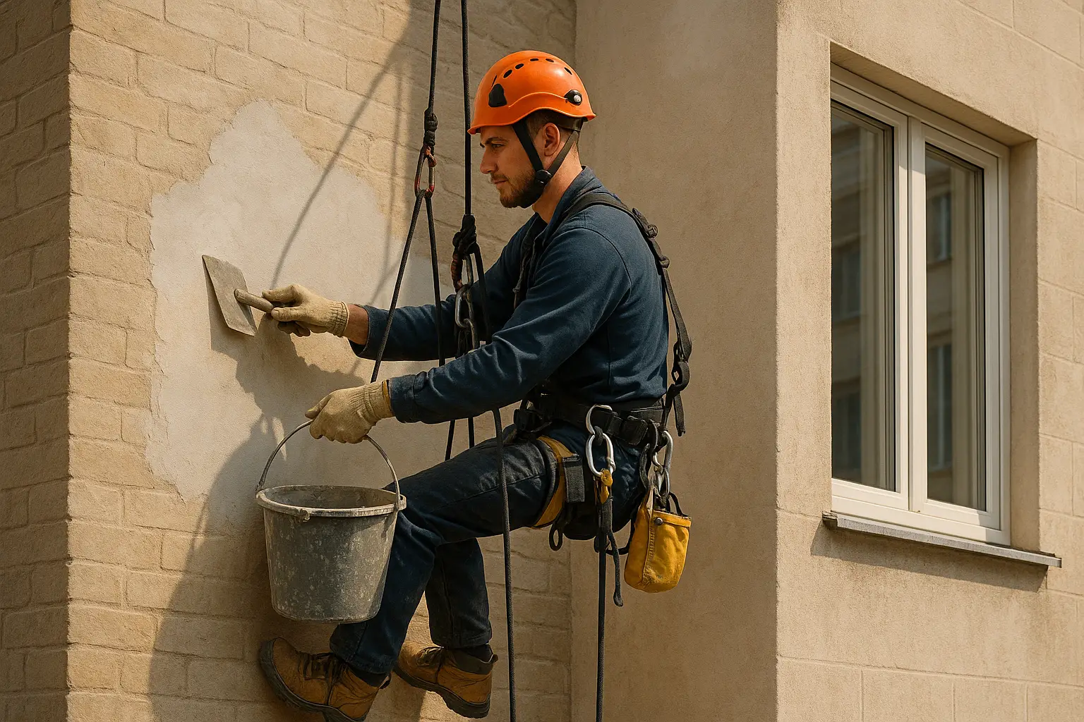 Cordiste façadier suspendu en harnais appliquant enduit façade immeuble à la truelle