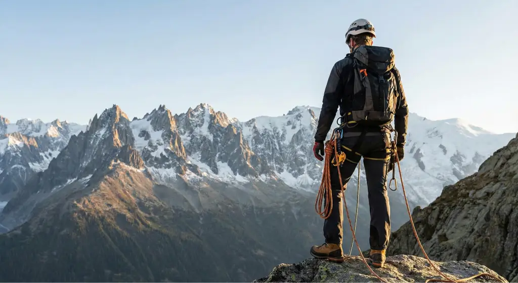 Cordiste professionnel en Auvergne-Rhône-Alpes sur un sommet alpin équipé pour travaux en hauteur