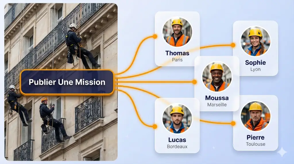 Cordistes professionnels en action sur façade haussmannienne à Paris - Plateforme Corde'UP Île-de-France avec mise en relation instantanée vers 5 cordistes certifiés disponibles