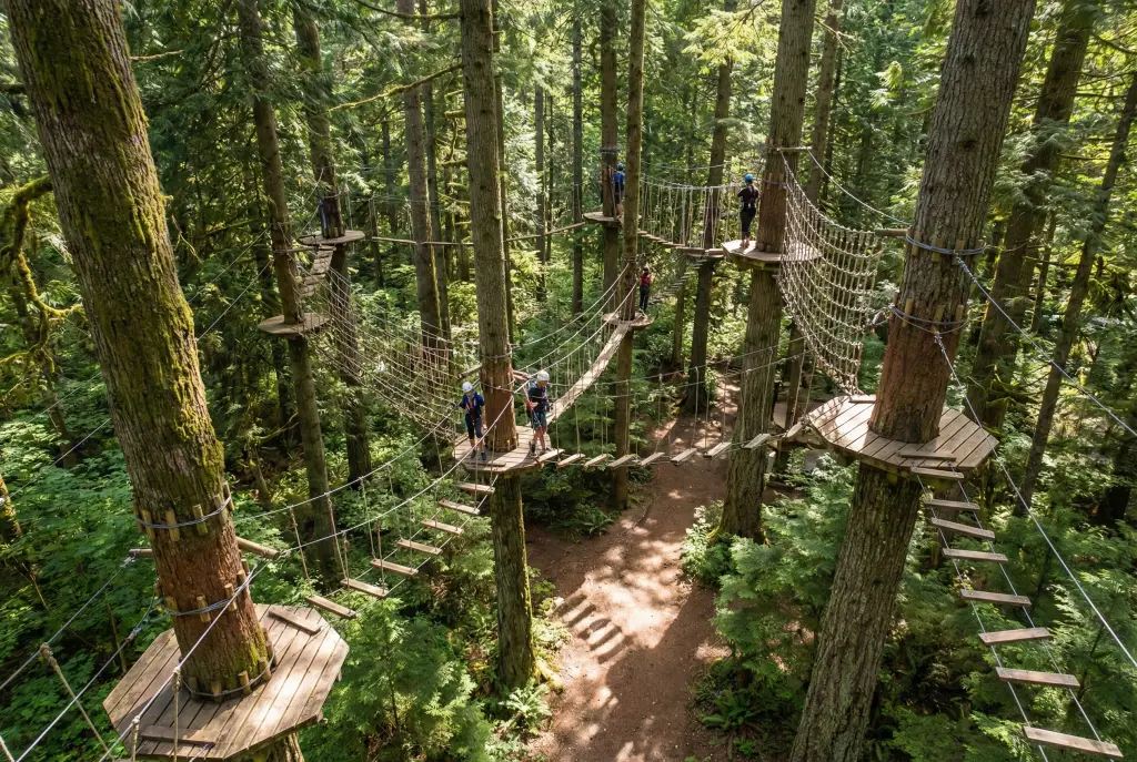 Parcours aventure en forêt avec plateformes suspendues entre arbres
