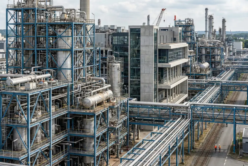 Installation industrielle complexe avec structure métallique et plateformes