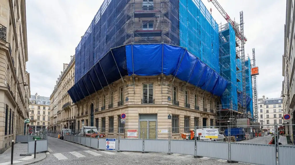 Installation filet pare gravats sur une façade en pierre en centre-ville