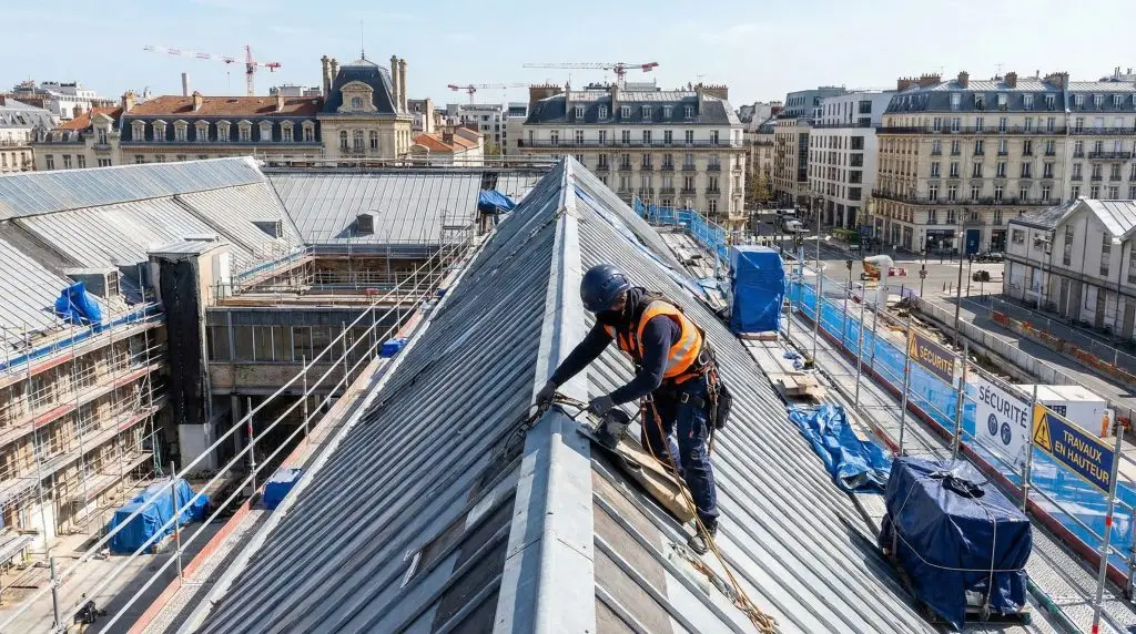 Cordiste professionnel réalisant la pose d'une surtoiture fibro ciment sur un bâtiment industriel
