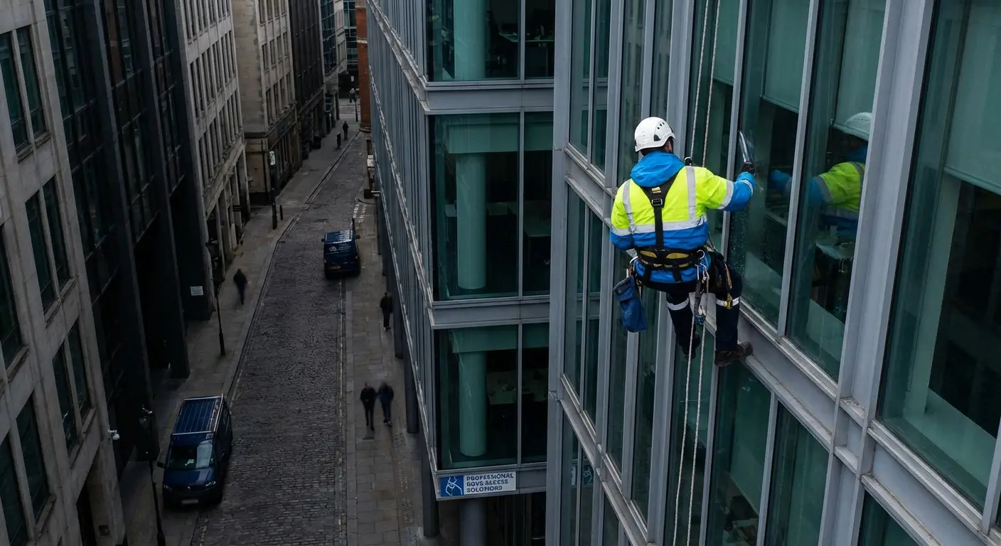 Cordiste professionnel en rappel sur façade lors d'une intervention en accès difficile