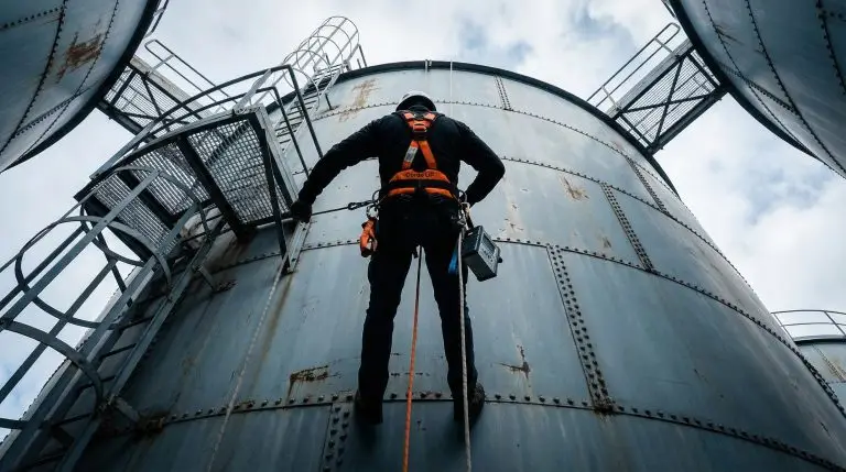 Technicien cordiste réalisant un contrôle non destructif sur un silo industriel.