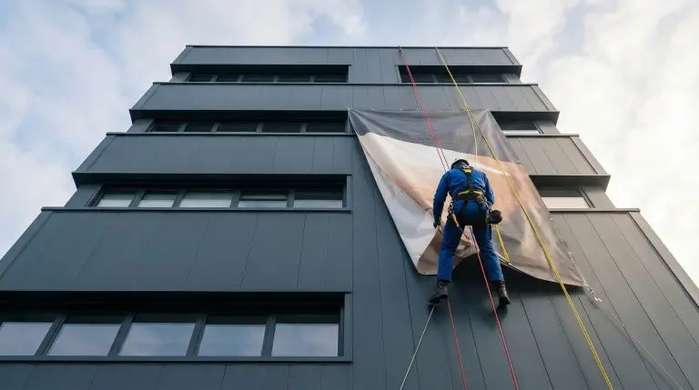 Technicien cordiste installant un affichage grand format sur une façade industrielle
