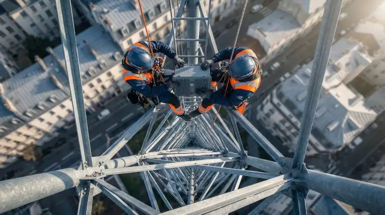 Vue aerienne d une installation antenne sur un pylone metallique par des techniciens cordistes