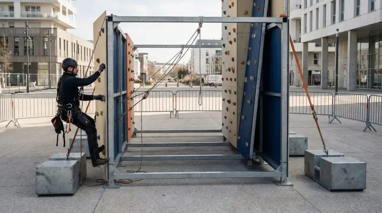 Installation d'un mur d'escalade mobile pour un événement B2B par des techniciens cordistes