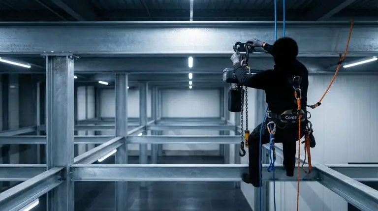 Intervention d'un accrocheur rigger pour l'installation de structures scéniques en hauteur