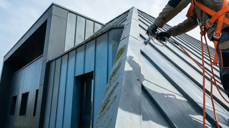Technicien cordiste realisant un nettoyage toiture sur un batiment industriel en France