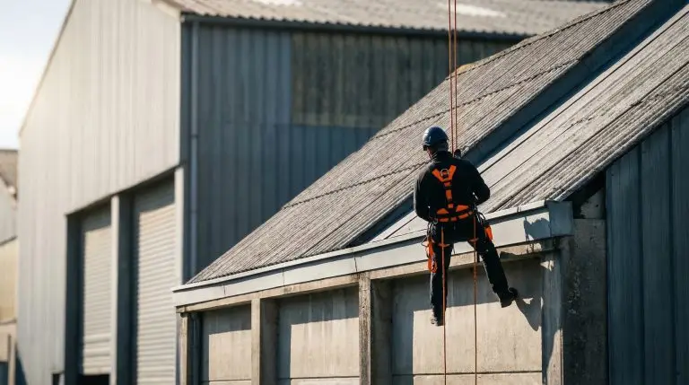 Cordiste professionnel réalisant un désamiantage toiture fibro sur un site industriel