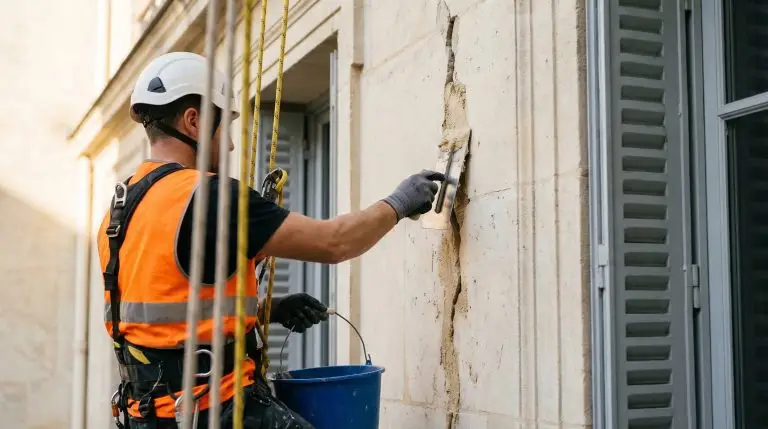 Cordiste professionnel réalisant une réparation façade fissurée sur un immeuble résidentiel français.