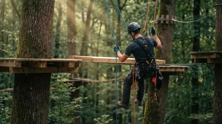Technicien cordiste de dos realisant la maintenance accrobranche sur une plateforme suspendue en foret