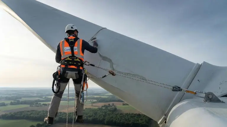 Technicien cordiste réalisant la maintenance éolienne sur une pale en hauteur
