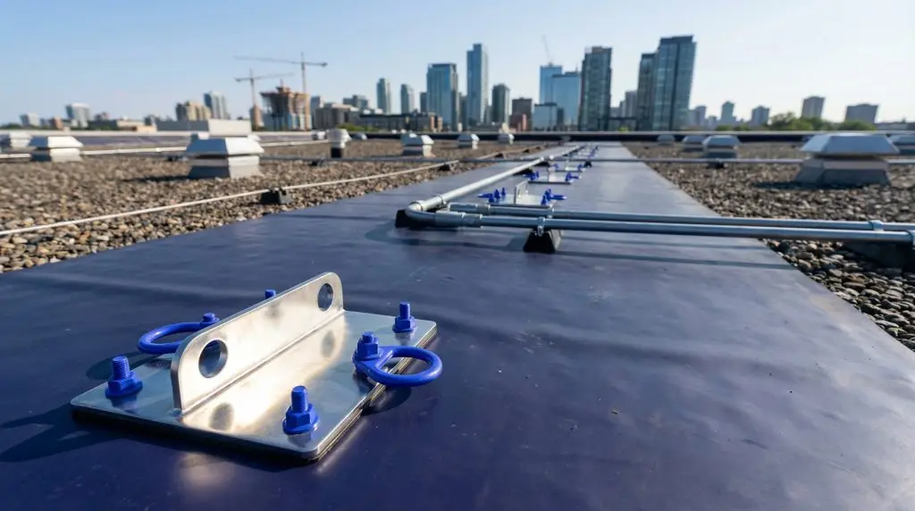 Platine d'ancrage installée sur une toiture industrielle pour sécuriser les travaux en hauteur.