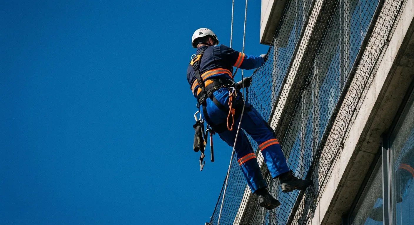 Cordiste certifié installant un filet de sécurité anti chute sur un chantier en hauteur