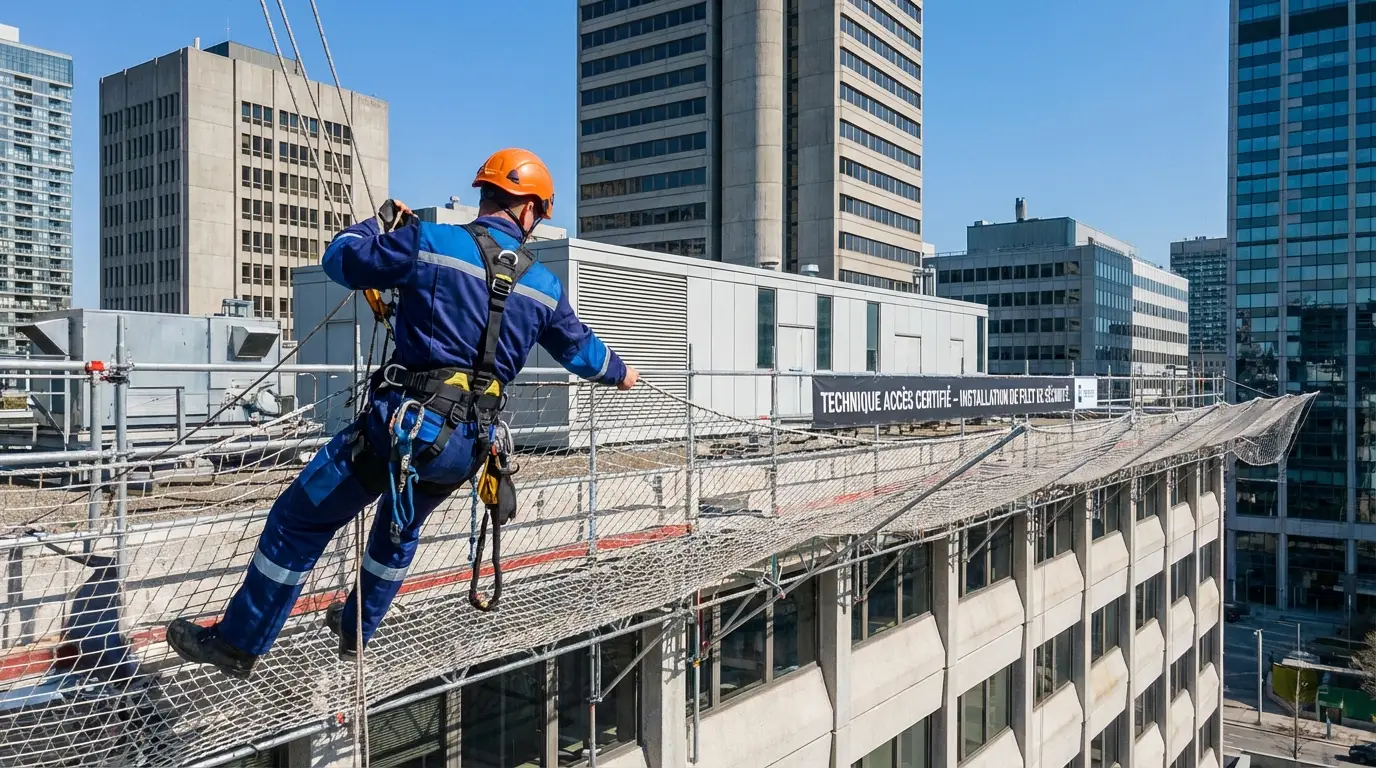 Cordiste certifié installant un filet de sécurité anti-chute en protection collective sur chantier BTP