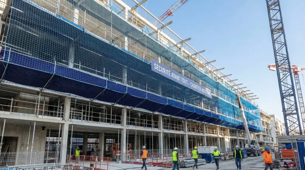 Filet de protection anti-chute installé sur un chantier de rénovation de façade en milieu urbain.