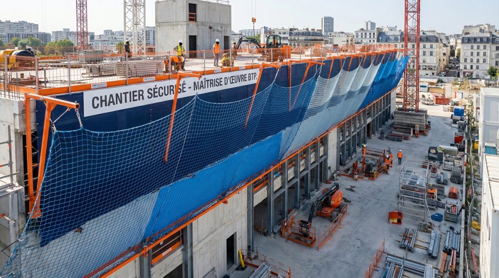 Filet de protection chantier installé sur la façade d'un bâtiment en construction.