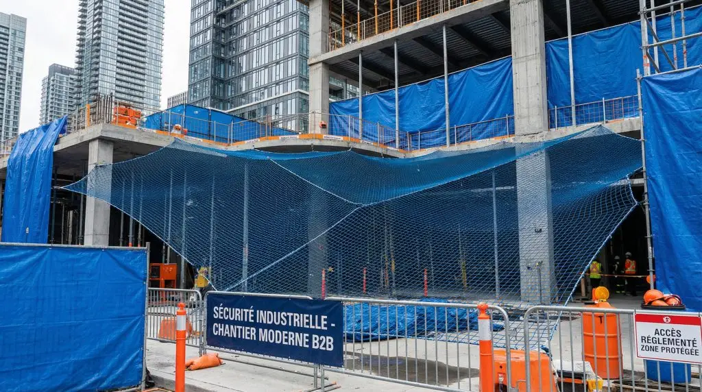 Filet de sécurité anti-chute installé sur un chantier BTP urbain